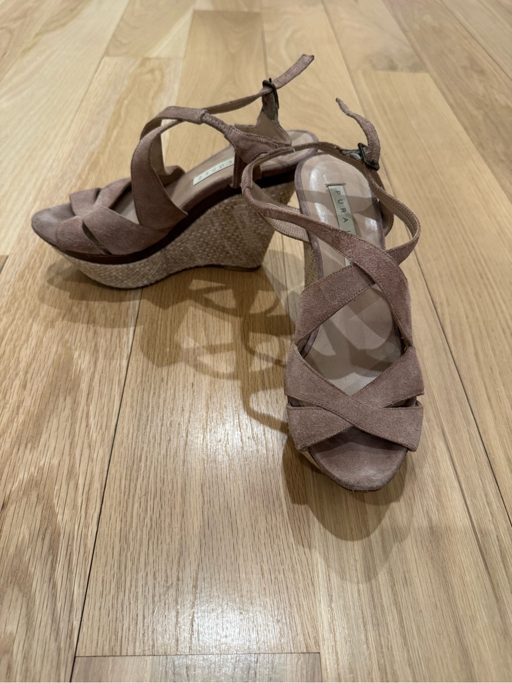 Pura Lopez Suede Crisscross Wedge Sandals in Dusty Mauve
